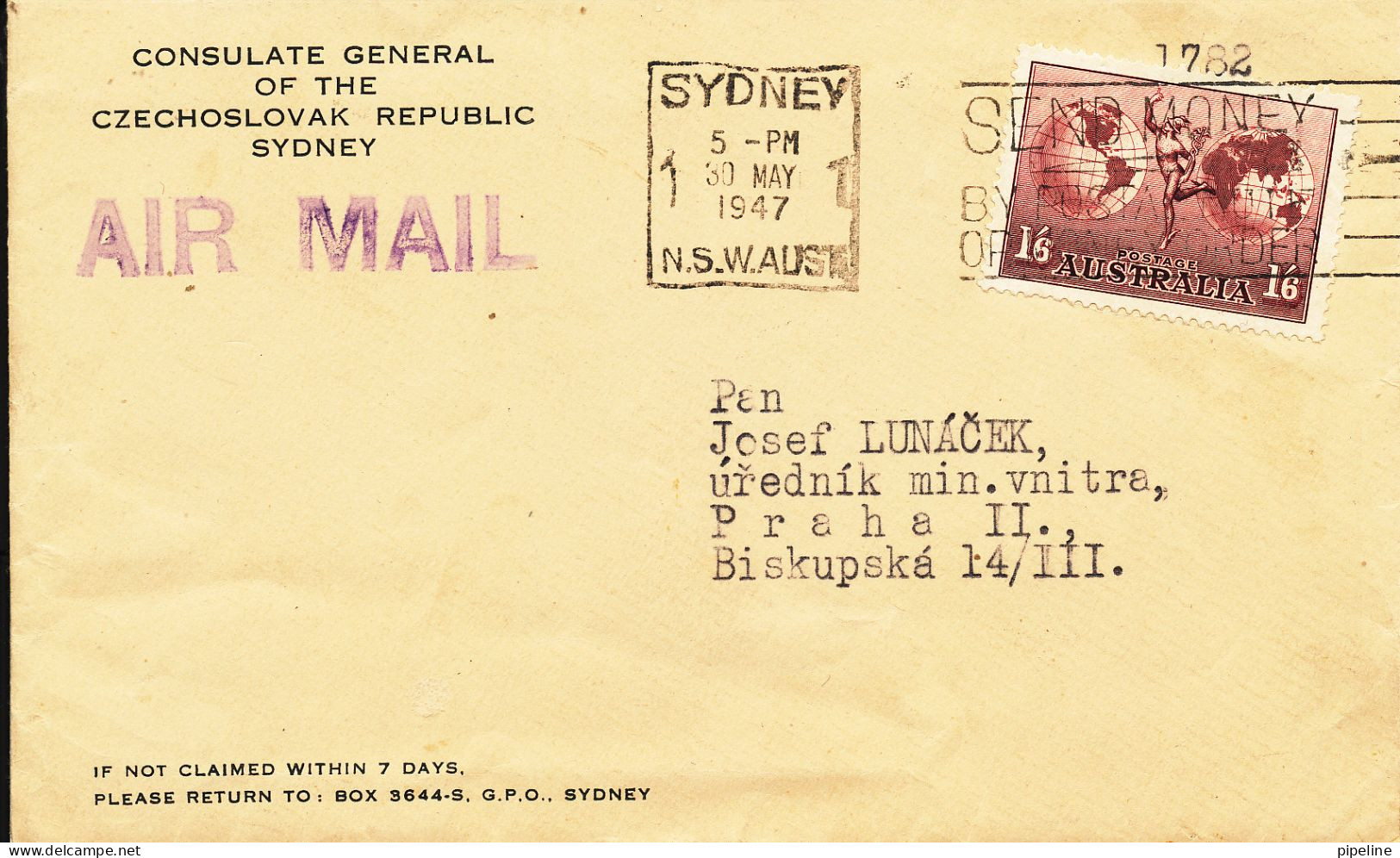 Australia Cover Sent Air Mail To Czechoslovakia Sydney 30-5-1947 Single Franked (Conculate General Of The Cz. Sydney - Brieven En Documenten