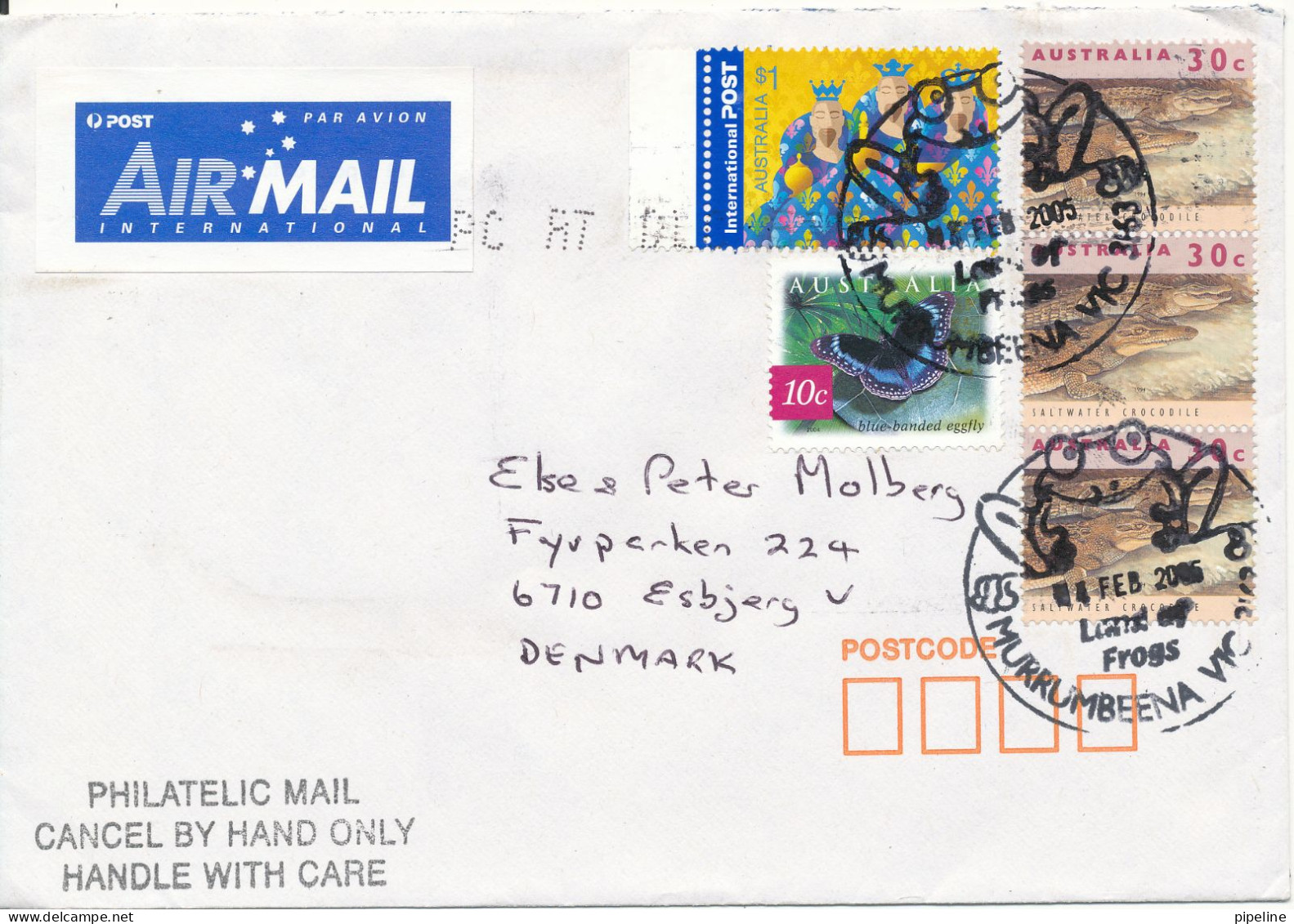 Australia Cover Sent To Denmark 18-2-2005 With Special Hand Cancel - Cartas & Documentos