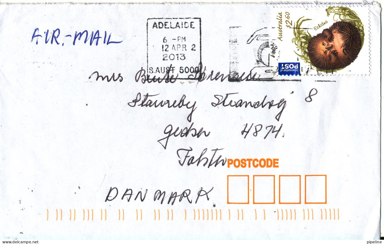 Australia Cover Sent To Denmark Adelaide 12-4-2013 Single Franked - Cartas & Documentos