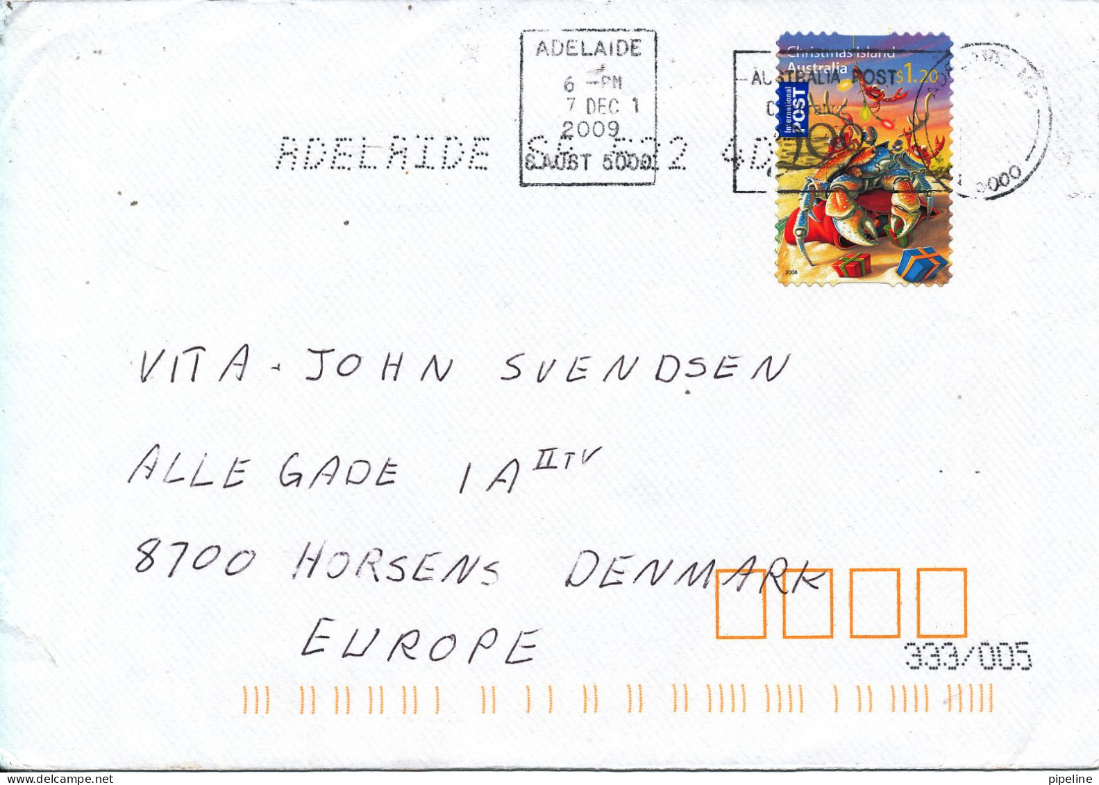 Australia Cover Sent To Denmark Adelaide 7-12-2009 Single Franked - Cartas & Documentos