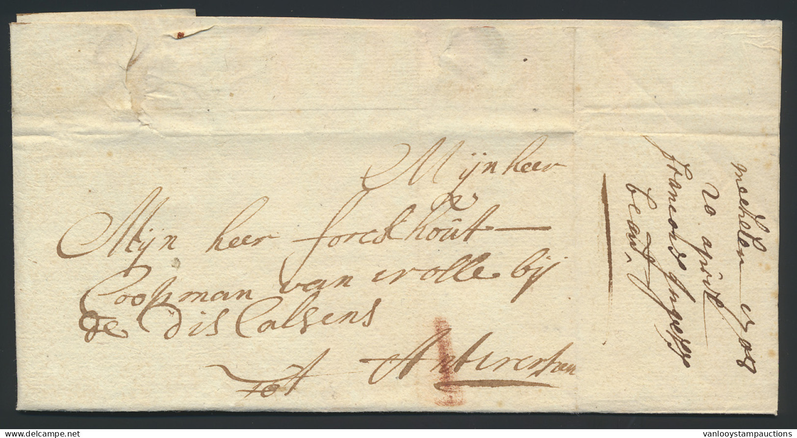 1708, Voorloper Met Inhoud Uit Mechelen, Naar Antwerpen, Verticaal Portmerk I (in Rood Krijt), Zm. - 1621-1713 (Pays-Bas Espagnols)