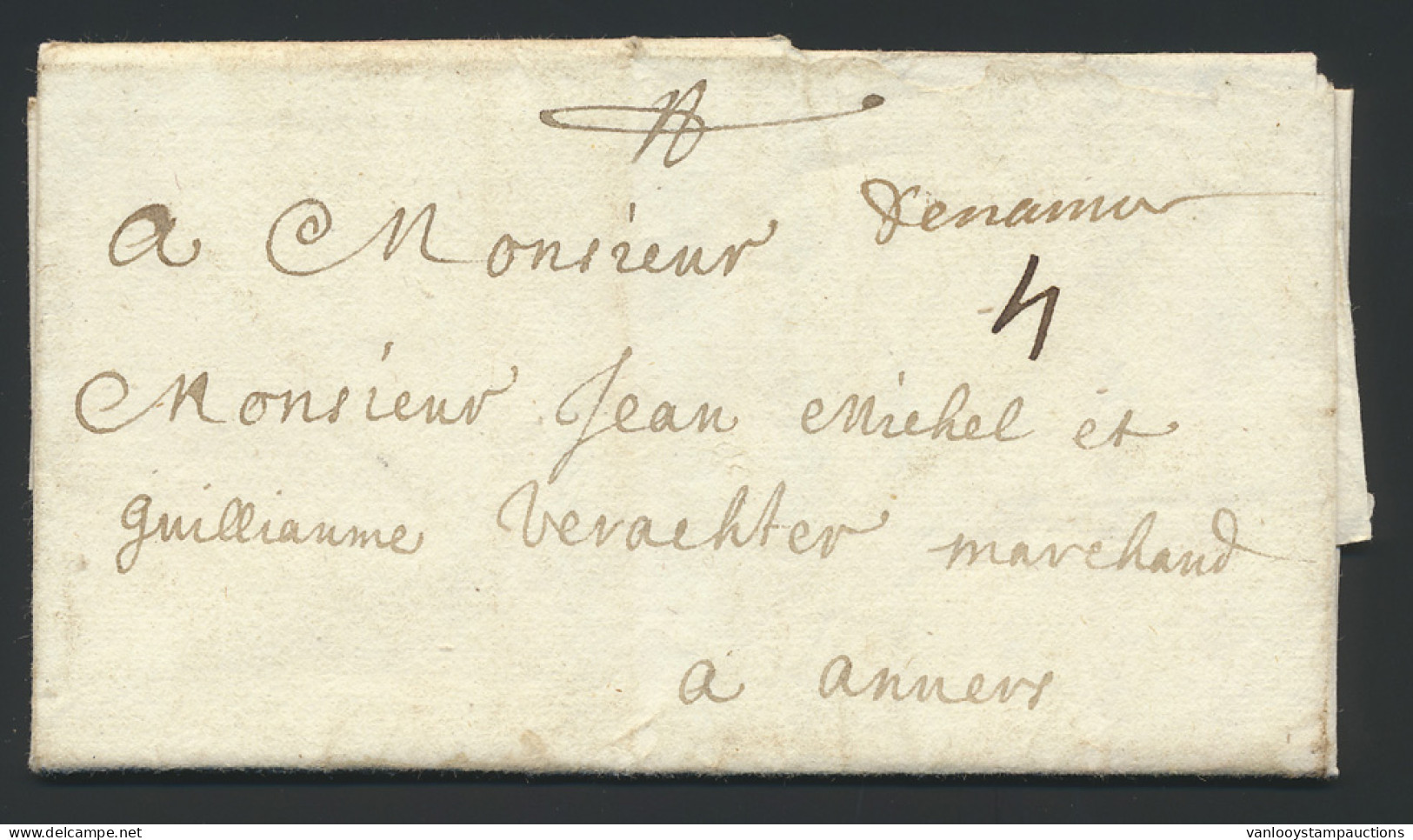 1714, Voorloper Met Inhoud Uit Dinant, Naar Antwerpen, Handgeschreven 'de Namur' Port '4' (stuivers) (in Inkt), Mooi. - 1714-1794 (Paesi Bassi Austriaci)