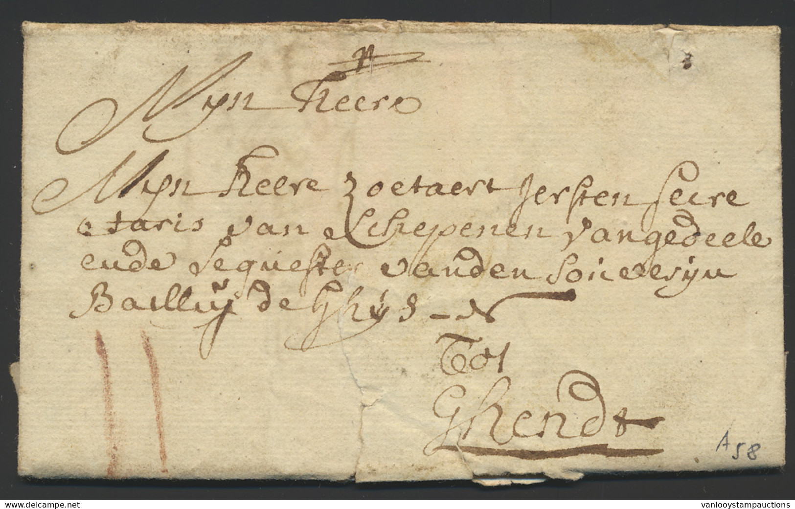 1736, Uit Bruxelles (met Inhoud) 3/4/1736 Naar Gent, Port 2 Krijtstrepen (rood), M. - 1714-1794 (Austrian Netherlands)