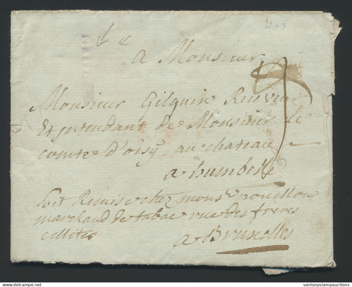 1774 Voorloper Met Inhoud Uit Menin (Herlant N° 11) Op 12.01.1774 Naar Humbeke, Via Een Tussenadres In Brussel, Zm - 1714-1794 (Pays-Bas Autrichiens)