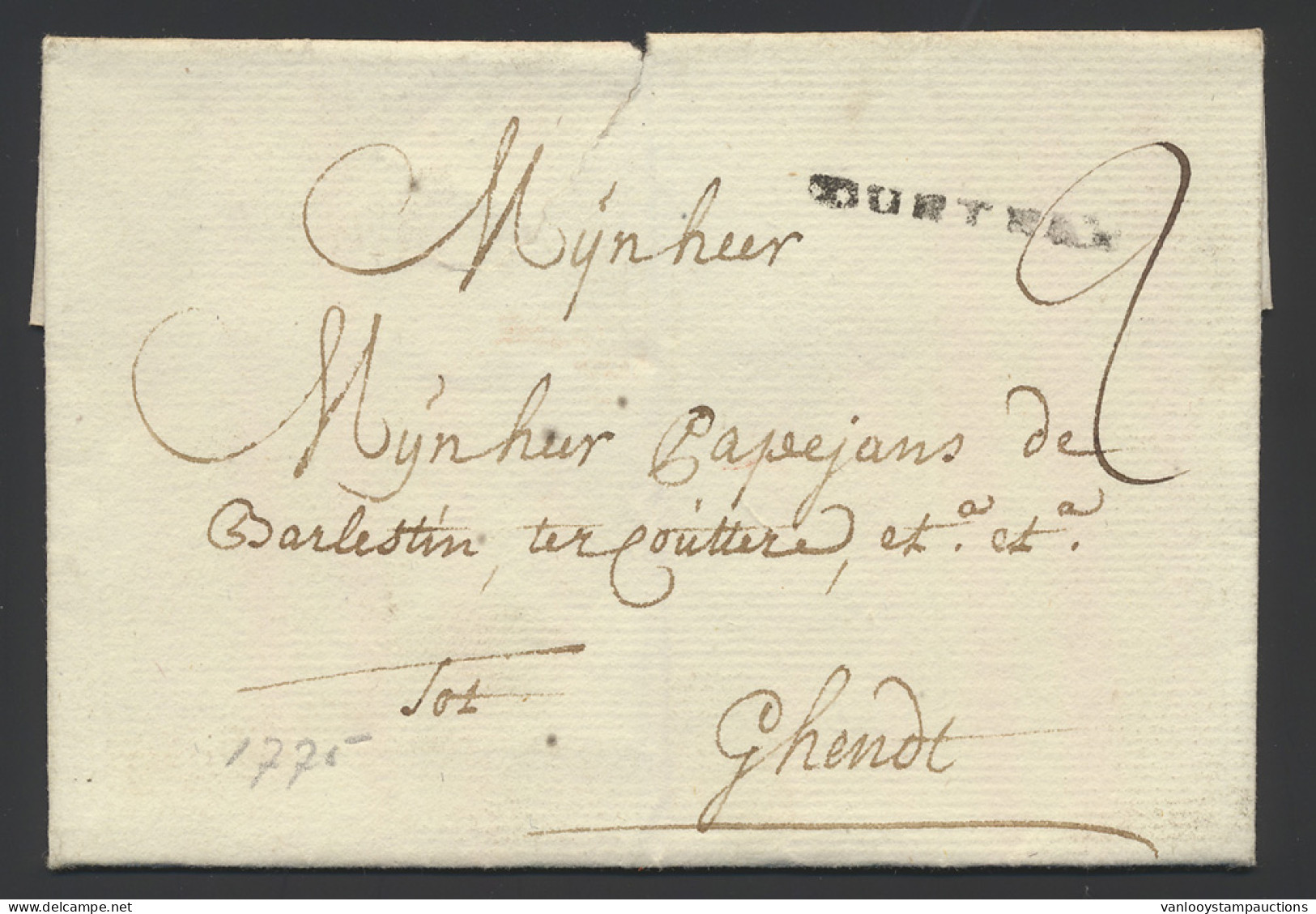 1775, Uit Courtrai (Herl. 21), Klein Restant Van Brief, Met Vermelding 'Hulste 28/10/1775' Port 2 In Het Zwart, Naar Ghe - 1714-1794 (Paesi Bassi Austriaci)
