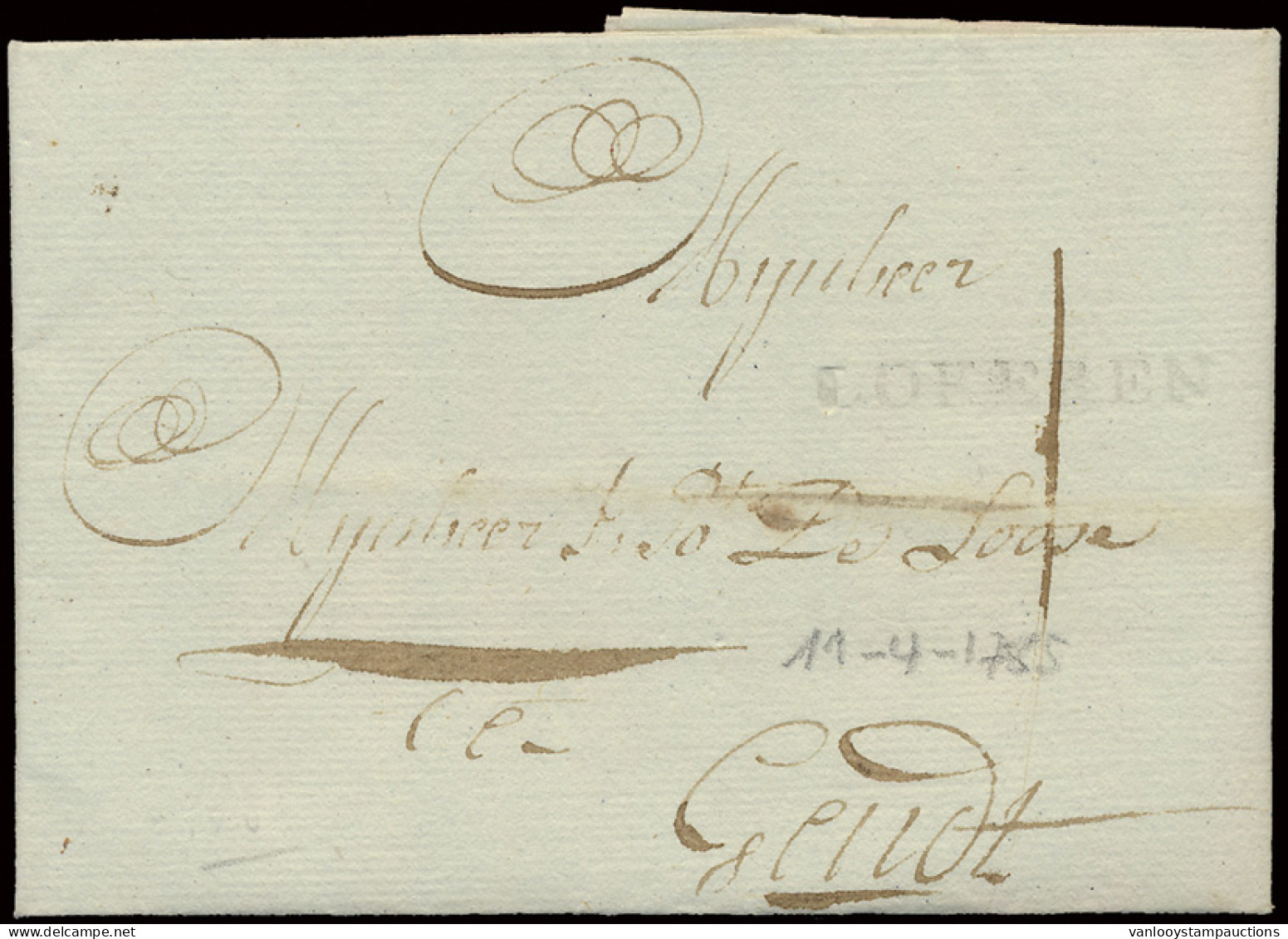 1785, Voorloper Met Inhoud Uit Lokeren (niet Geinkte Lijnstempel) Naar Gent, Portcijfer '1' (in Zwarte Inkt), Zm. - 1714-1794 (Austrian Netherlands)