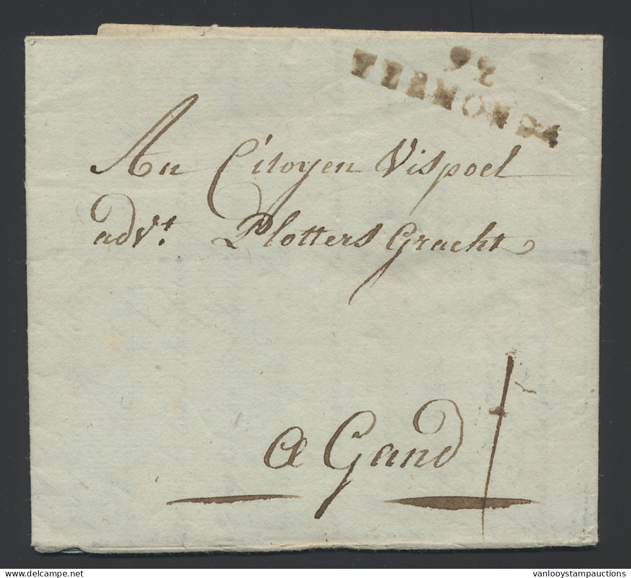 1797 Voorloper Met Inhoud Naar Gand Op  1.1.1797 En Rode Naamstempel Op Twee Lijnen 92 Termonde, Portcijfer I, Zm - 1794-1814 (French Period)