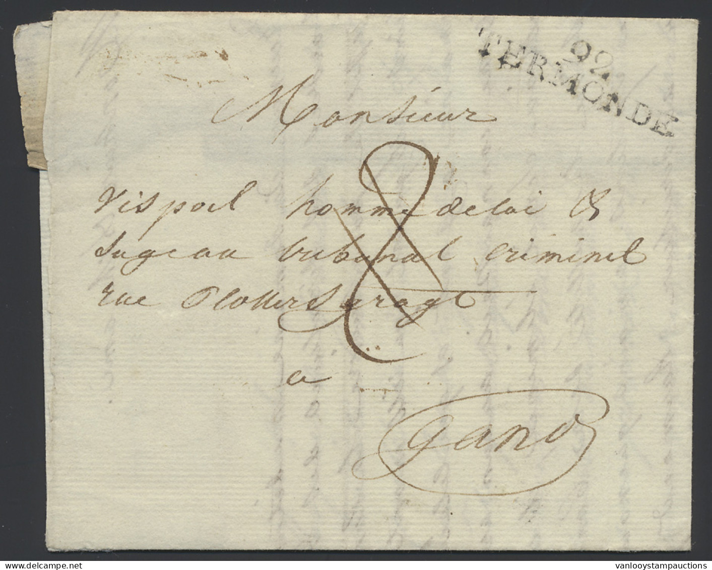 1803 Voorloper Met Inhoud Naar Gand 17 Nivose XI En Zwarte Naamstempel Op Twee Lijnen ’92 Termonde’, Portcijfer Twee Doo - 1794-1814 (Französische Besatzung)