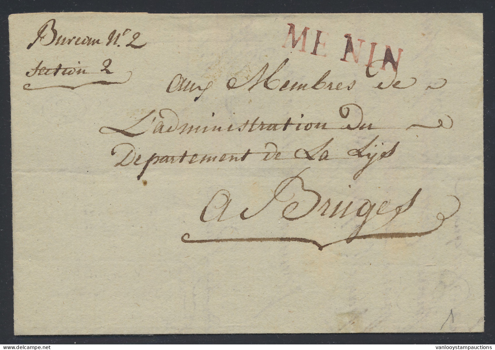 Voorloper Met Inhoud En Rode Naamstempel MENIN Naar Gent, Portcijfer 3 (sols), Zm - 1794-1814 (Période Française)
