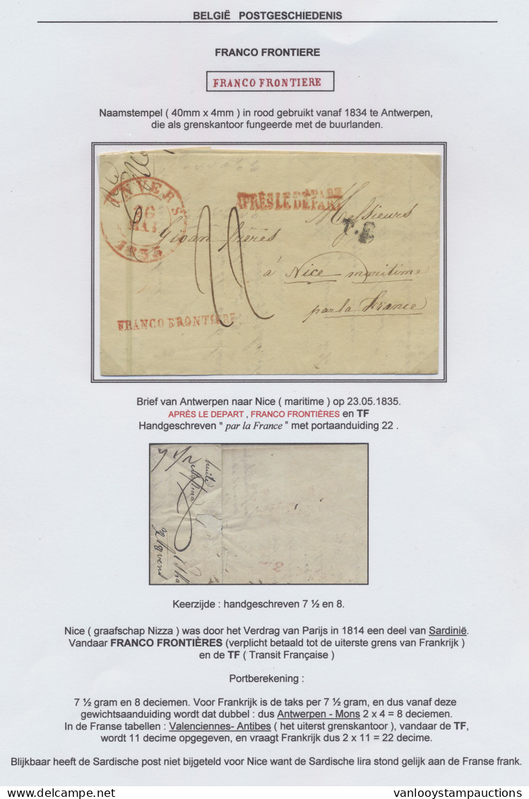 1835 Brief Van Antwerpen Naar Nice Op 23.05.1835, Port 22 Stuivers, Rode Après Le Départ En Prachtige Zeldzame Franco Fr - 1830-1849 (Belgique Indépendante)