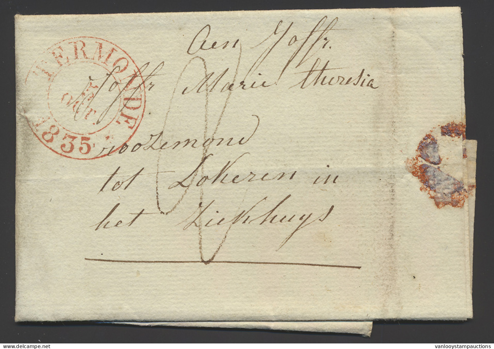 1835 Voorloper Met Inhoud Uit Termonde, Rode Dubbelringstempel 8 Octo 1835, Naar Lokeren In ’t Ziekhuys, Aankomst 9 Octo - 1830-1849 (Belgica Independiente)