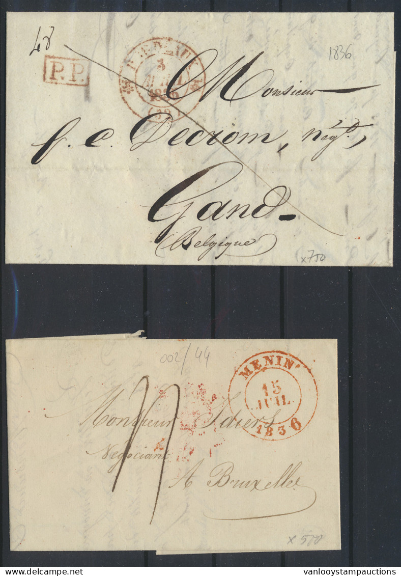 1836, Twee Brieven Met Rode Datumstempel MEENEN In 1836 Naar Gand Met PP In Kader En Brussel, Zm - 1830-1849 (Belgique Indépendante)