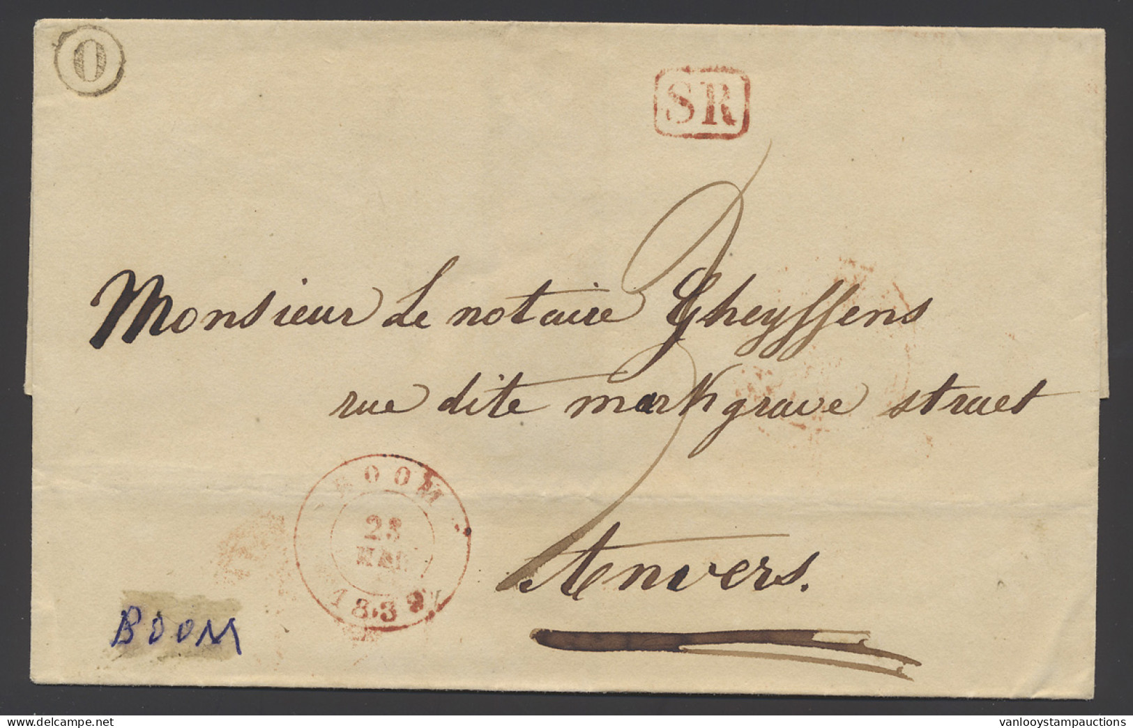 1839 Voorloper Van Boom Op 23.03.1839 Naar Anvers Met Rode SR Stempel In Kader En Een Zwarte Postbusletter O, Zeldzaam,  - 1830-1849 (Independent Belgium)