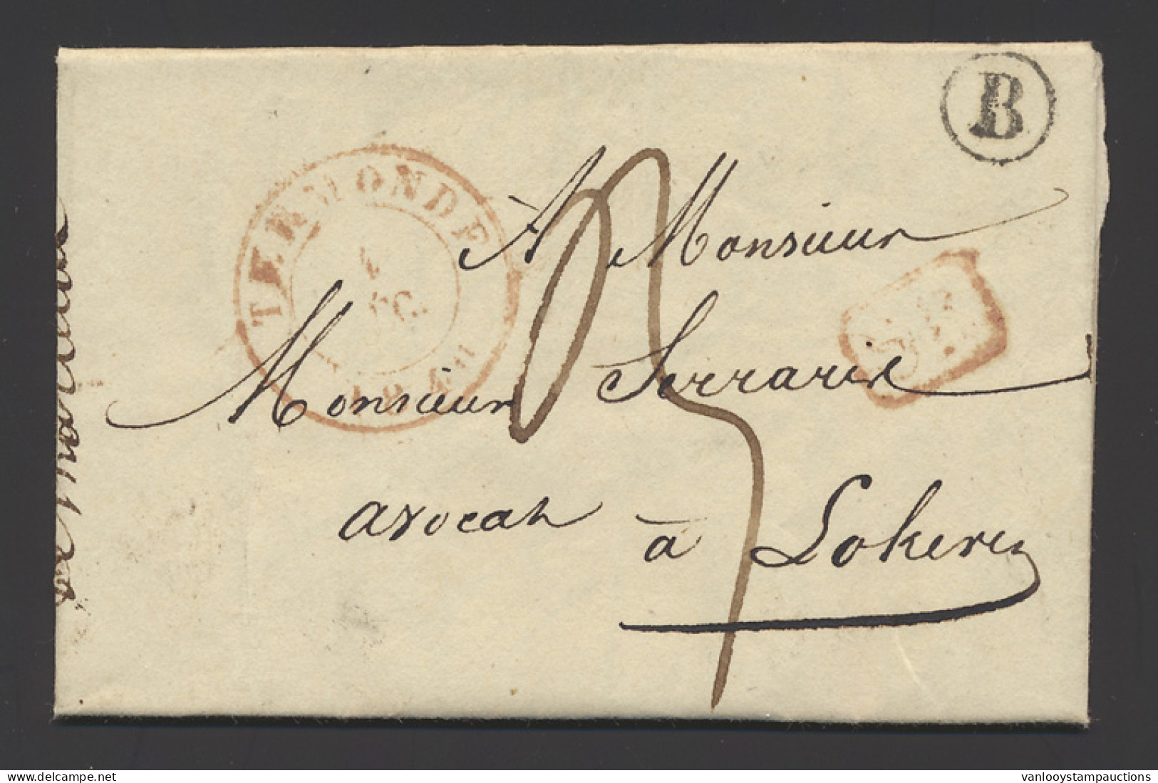 1840 Brief Hamme 4 December 1840 Met Postbus B In Cirkel , Rode SR Stempel In Kader, Via Termonde 4 Dec 1840 Naar Lokere - 1830-1849 (Belgica Independiente)