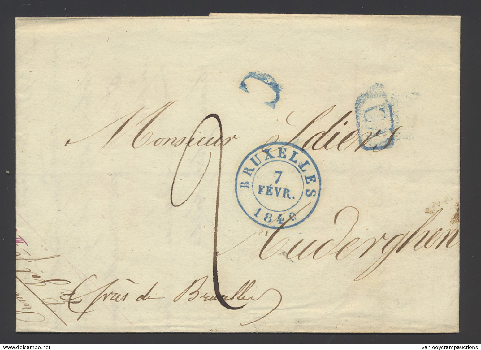 1840 Brief Bruxelles 7 Fevr 1840 Naar Auderghem Met Ingekaderde CA En C Controlestempels, Alle In Blauwe Inkt, Portcijfe - 1830-1849 (Belgio Indipendente)