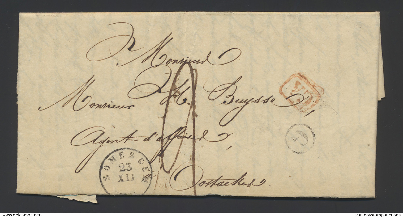 1845 Voorloper Uit Waerschoot 23 December 1845, Postbusletter G In Cirkel, Rode SR In Kader, Distributiestempel Van Some - 1830-1849 (Belgica Independiente)