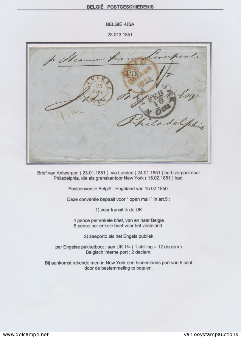 1851 Brief Van Antwerpen Op 23.01.1851 Via London 24.01.1851, New York Op 16.02.1851 Naar Philadelphia, Handgeschreven P - 1830-1849 (Belgica Independiente)