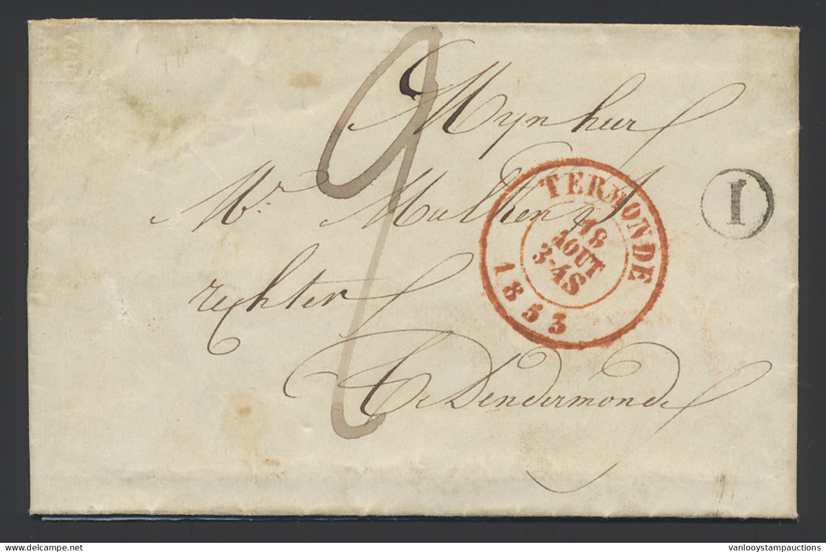 1853 Voorloper Met Inhoud Geschreven In Wieze Op 19 Augustus 1853 Met Postbusletter I En Rode Dubbelringstempel Dendermo - 1830-1849 (Independent Belgium)