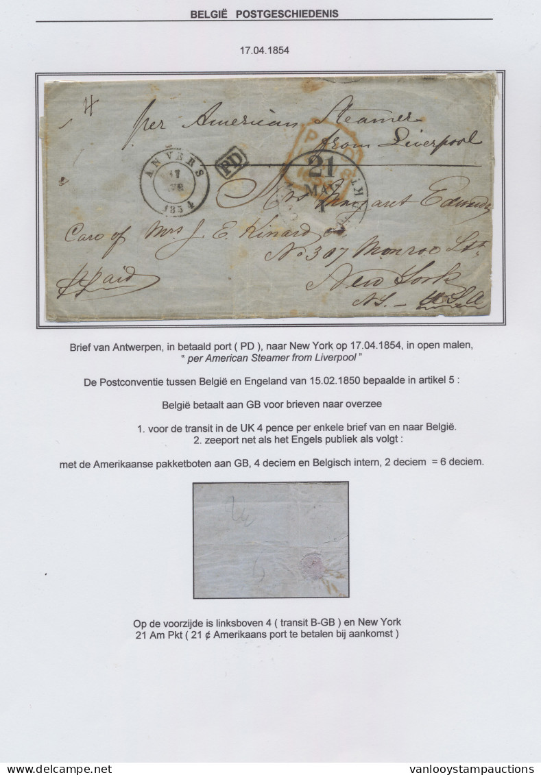 1854 Prachtige Brief Van Antwerpen 17.04.1854, Diverse Stempels Naar New York, Diverse Stempels En Handgeschreven Par Am - 1830-1849 (Belgique Indépendante)