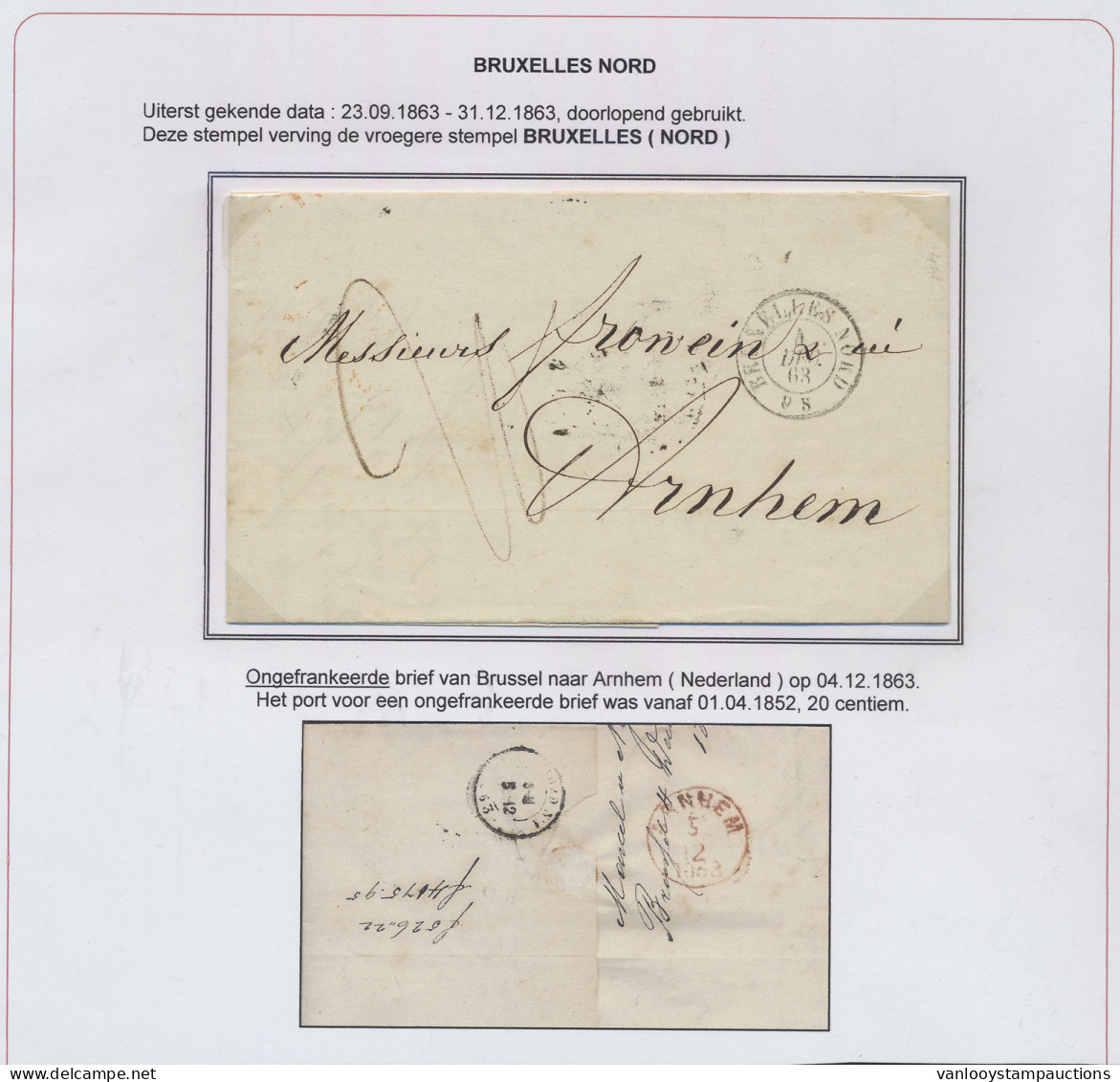 1863 Brief Bruxelles Nord Op 4.12.1863 Naar Arnhem, Detail Toelichting Is Bij Het Lot Gevoegd, Zm - 1830-1849 (Belgio Indipendente)