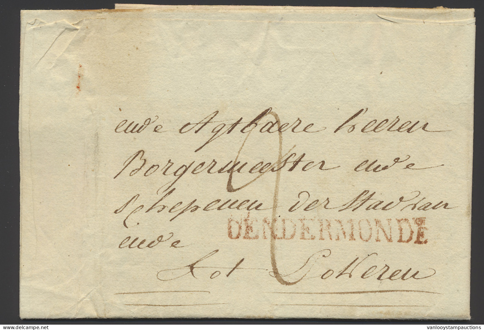 Voorloper Met Inhoud Uit Dendermonde Met Rode Mooie Naamstempel van Dendermonde Naar Lokeren, Zm - 1830-1849 (Belgio Indipendente)