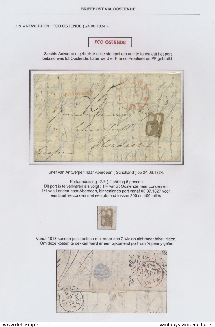 1834 Brief Van Antwerpen 24.06.1834 Naar Aberdeen (Schotland) En Een Mooie Rode Naamstempel FCO Ostende, Bijkomend Port  - 1830-1849 (Belgica Independiente)