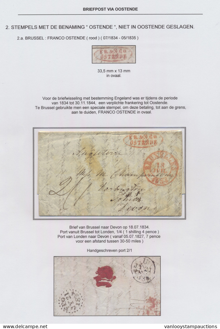 1834 Brief Van Brussel Op 18.07.1834 Naar Devon Via Oostende En Londen Met Mooie Rode Ovale Stempel Franco Oostende (33, - 1830-1849 (Belgio Indipendente)