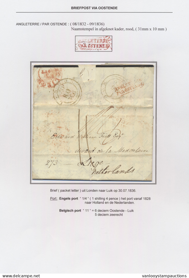 1836 Brief (packet Letter) Uit Londen Naar Luik Op 30.07.1836 Met Rode Naamstempel In Afgeknot Kader (31 X 10 Mm) Anglet - 1830-1849 (Independent Belgium)