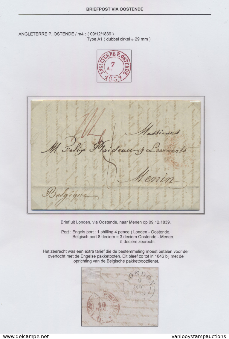 1839 Brief Uit Londen Naar Menen Op 09.12.1839 Met Op Verso Een Dubbelringstempel Van ANGLETERRE PAR OSTENDE Op 7.12.183 - 1830-1849 (Belgio Indipendente)