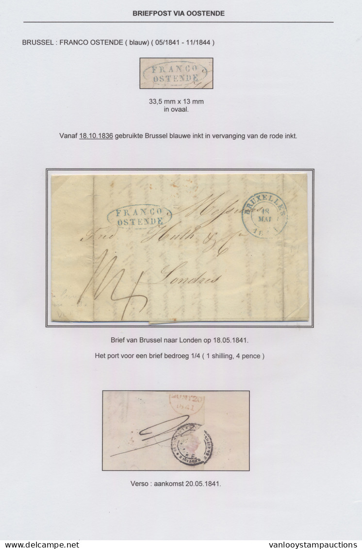 1841 Brief Van Brussel Op 18.05.1841 Naar Londen (20.05.1841) Via Oostende En Londen Met Mooie Blauwe Ovale Stempel Fran - 1830-1849 (Independent Belgium)