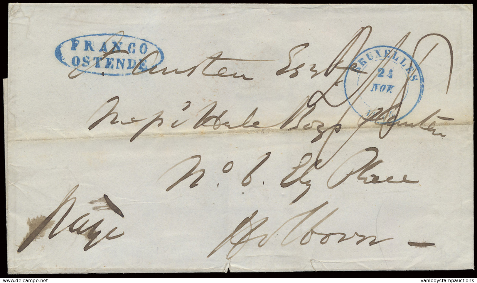 1844 Brief Van Brussel Op 24.11.1844 (Groot-Brittanië) Naar Met Mooie Blauwe Ovale Stempel Franco Ostende  (gefrankeerd  - 1830-1849 (Belgique Indépendante)