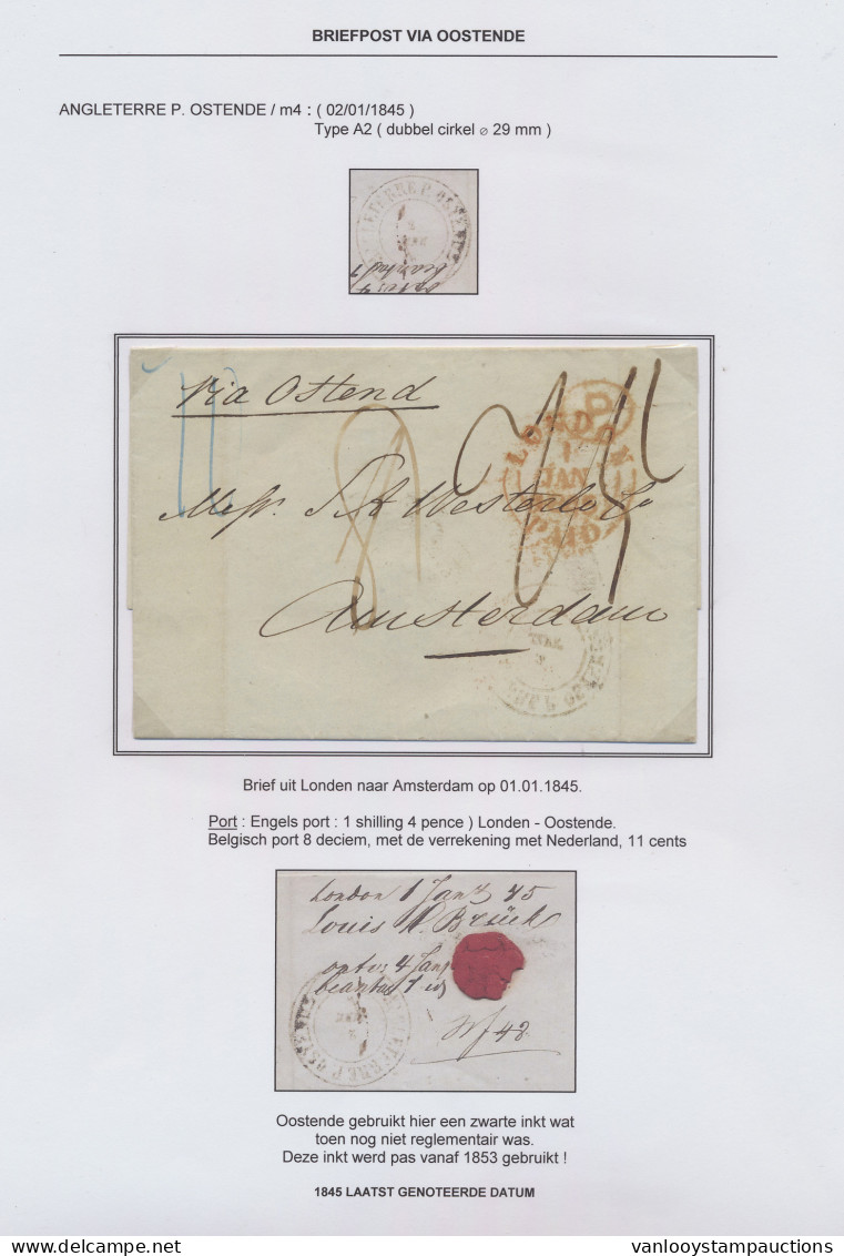 1845 Brief Uit Londen Naar Amsterdam Op 01.01.1845 Via ANGLETERRE P. OSTENDE (dubbelcirkel Van 29 Mm) In Zwarte Inkt, Ro - 1830-1849 (Unabhängiges Belgien)