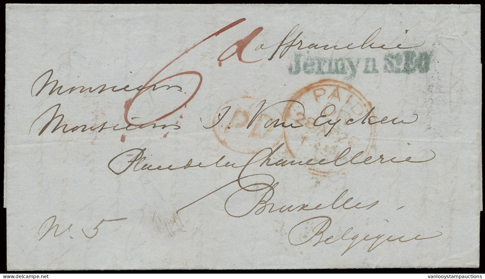 1851 Brief Uit Londen Naar Brussel Op 28.04.1851, Groene Naamstempel JERMEYN ST EO (enkel In 1846-1847) En Rode Dubbelri - Autres & Non Classés