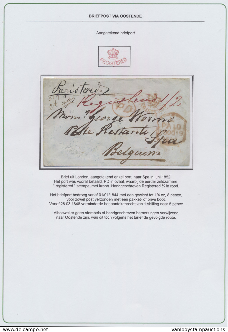 1852 Brief Uit Engeland, In Juni 1852, Aangetekend Enkel Port Naar Spa Met Rode Stempel Registered Met Kroon, Zm - Autres & Non Classés
