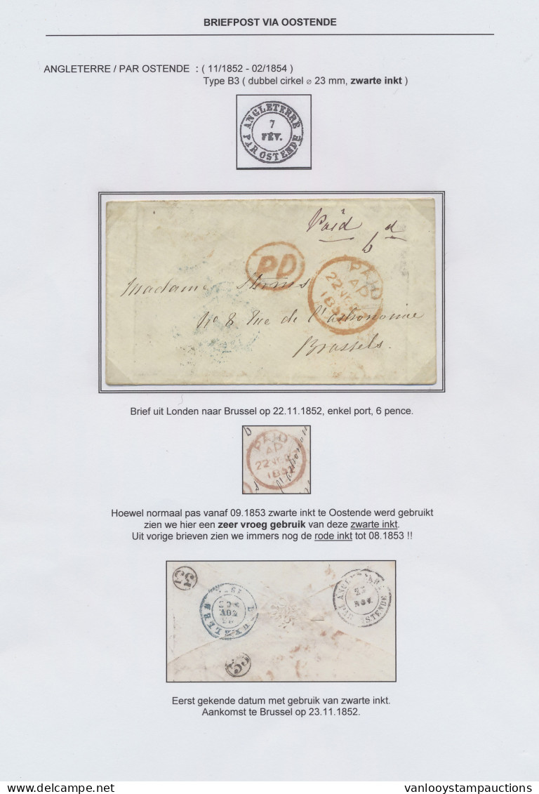 1852 Brief Uit Londen Op 22.11.1852 Naar Brussel, Ovale Rode PP In Cirkel (verplicht Betaald Port Tot Bestemming), Zwart - Other & Unclassified