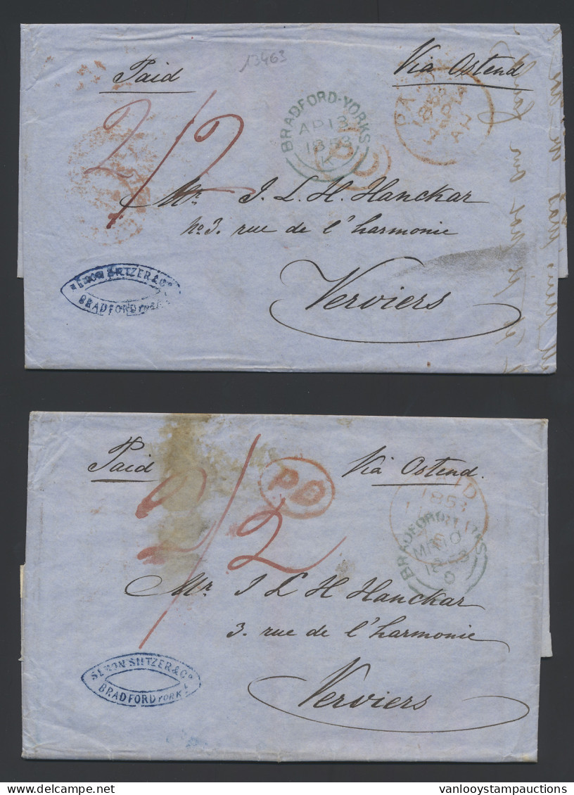 1853 Twee Brieven Uit Bradford In April 1853 Naar Verviers, Handgeschreven ‘Paid’ En ‘Via Ostend’, Rode PD Stempel In Ov - Altri & Non Classificati