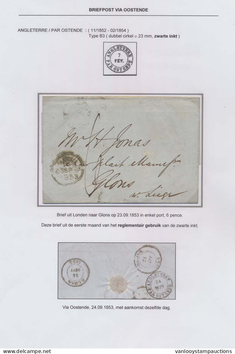 1853 Brief Uit Londen Via Ostende Naar Glons Op 23.09.1853, Zwarte Dubbelringstempel Van ‘Angleterre Par Ostende’ (23 Mm - Sonstige & Ohne Zuordnung