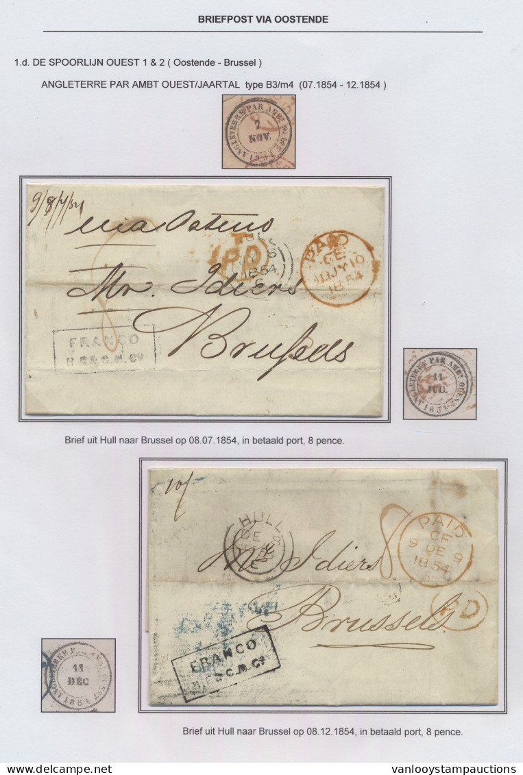 1854 Twee Brieven Uit Hull Naar Brussel Op 8.7.1854 En 8.12.1854, Met Zwarte Dubbelringstempel Van Angleterre Par Ambt 7 - Other & Unclassified