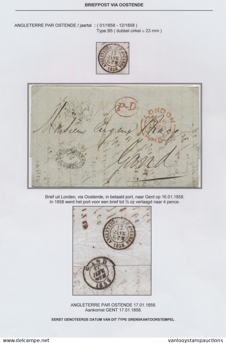 1858 Brief Uit Londen Via Oostende Naar Gent Op 16.01.1858 Met Rode Ovale PD Stempel En Zwarte Dubbelringstempel ‘Anglet - Autres & Non Classés