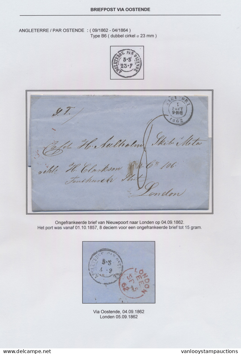 1862 Brief Van Nieuwpoort Naar Londen Op 04.09.1862 En Zwarte Dubbelringstempel Angleterre Par Ostende (port  8 Deciem), - Autres & Non Classés