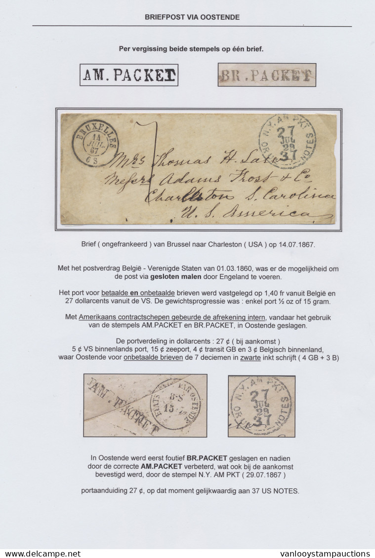 1867 Brief Uit Brussel Naar Charleston (USA) Op 14.07.1867 En Zwarte Etats Unis Par Ostende, In Oostende Werd Eerst Fout - Other & Unclassified