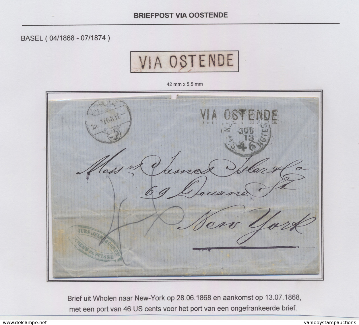 1868 Brief Uit Wholen (Zwitserland) Op 28.06.1868 Naar New York Op 13.07.1868 Met In Basel Geslagen Naamstempel VIA OSTE - Otros & Sin Clasificación