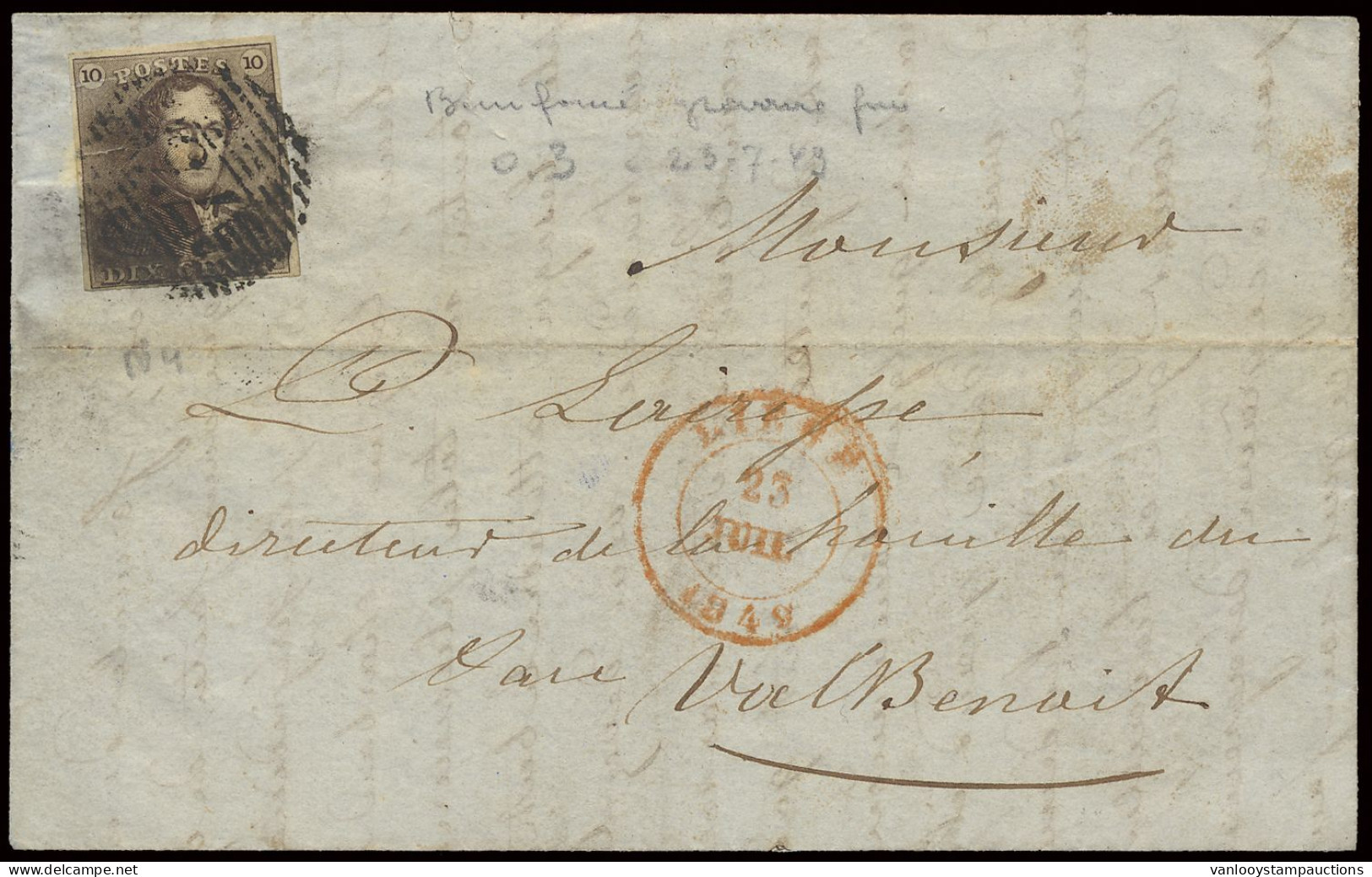23 Juli 1849 N° 1c 10c. Donkerbruin, Goed Gerand, Maar Licht Beschadigd En Mooi Gest. P.73-Liège Op Brief Naar Liège, Ze - 1849 Mostrine