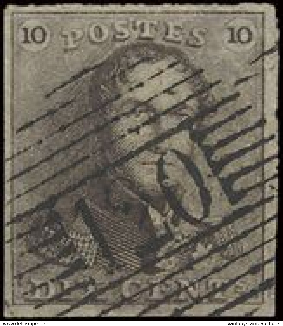 N° 1a 10c. Grijsbruin, Zeer Goed Gerand En Zeer Mooie Centrale, Ogenvrije Afst. P.120-Tournay Met Fijne Balken, Zm (OBP - 1849 Hombreras