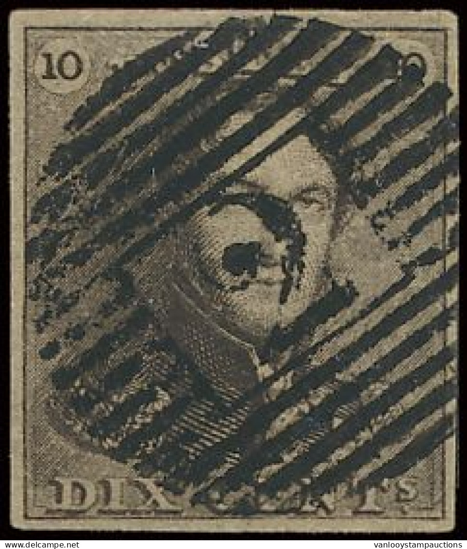 N° 1a 10c. Grijsbruin, Zeer Mooi Gerand En Prachtige Centrale Afst. P.2-Alost, Prachtzegel, Zm (OBP €95 + COBA €15) - 1849 Hombreras