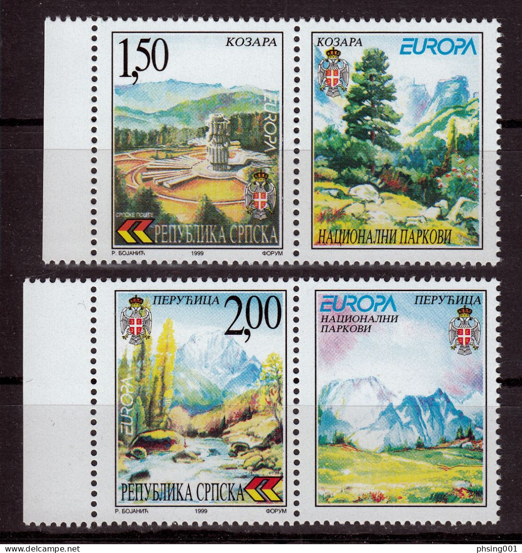 Bosnia Serbia 1999 Europa CEPT National Parks Nature Monument WW2 Rivers Streams, Set With Labels MH - 1999