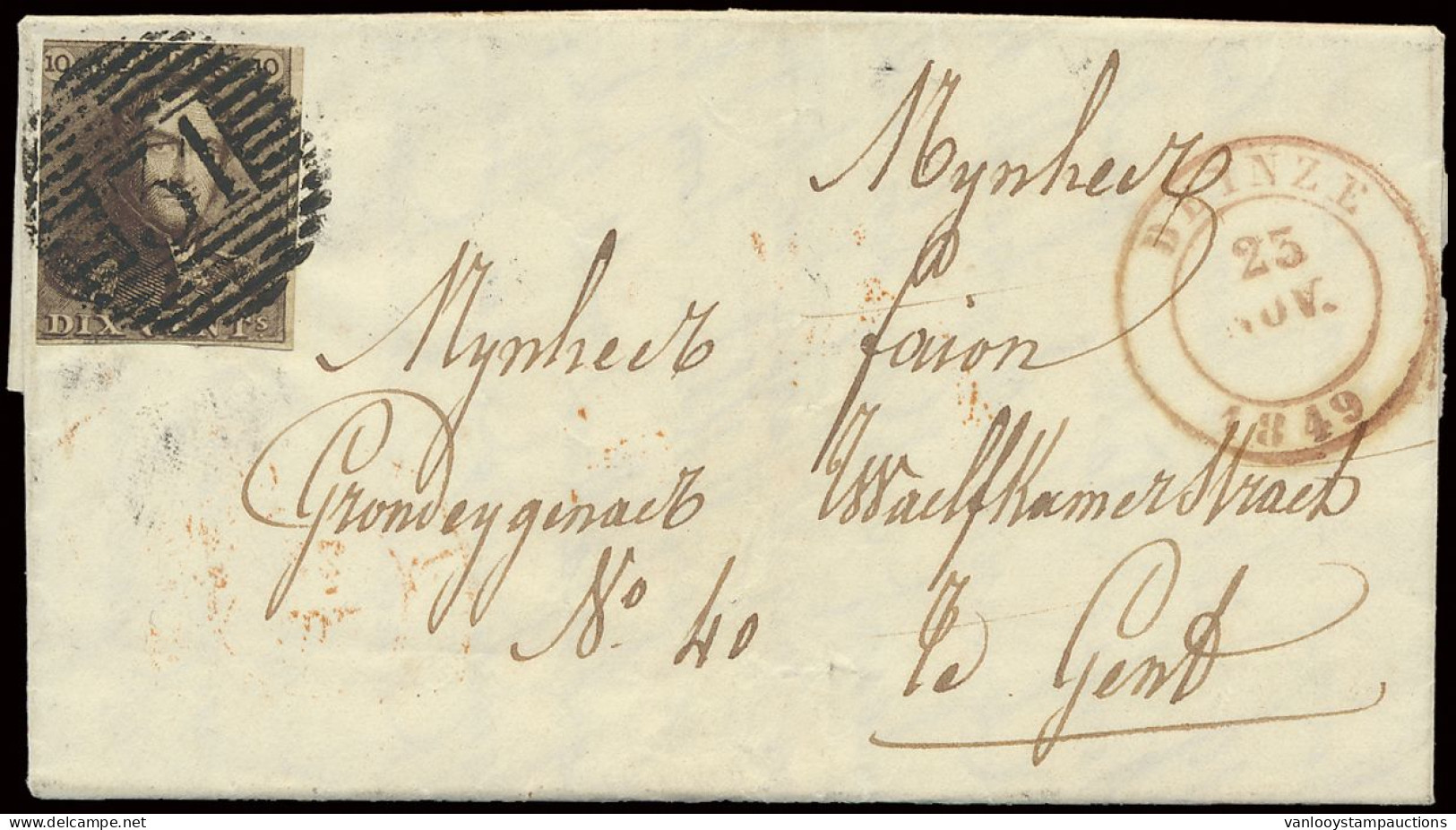 1849 N° 1 10c. Bruin Aan 2 Zijden Geraakt, Maar Wel Pracht Gest. P.31-Deynze Op Mooie Brief Naar Gent 25/11/1849, M (OBP - 1849 Mostrine