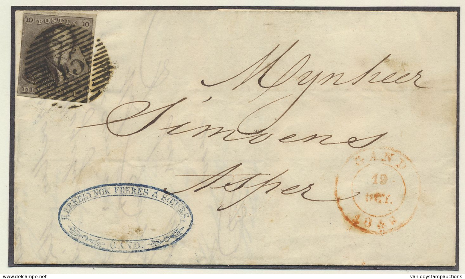 1844 N° 1 10c. Bruin, Volrandig Op Mooie Brief Van P.45-Gand Naar Asper, 19/10/1844, Zm (OBP €220) - 1849 Epaulettes