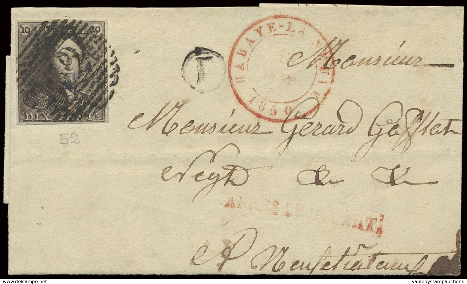 1850 N° 1c 10c. Donkerbruin, Zeer Goed Gerand En Zeer Mooi Gest. P.52-Habaye-La-Neuve Op Zeer Mooi Briefje Naar Neufchât - 1849 Hombreras