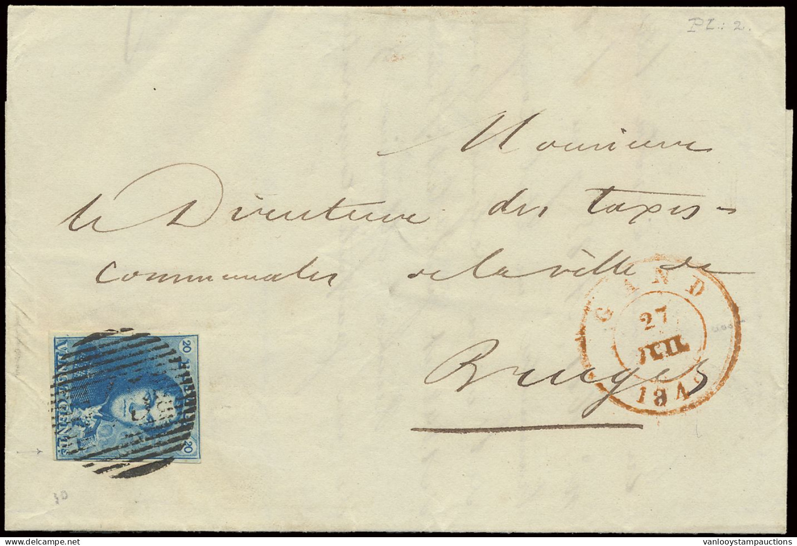 27 Juli 1849 N° 2 20c. Blauw, Goed Gerand En Licht Gest. P.45-Gand Op Zeer Mooie Brief Met Bestemming Brugge, Zeldzame B - 1849 Epaulettes